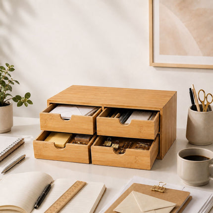 Bamboo Drawer Box Desk Organiser with 4 Drawers, 13.5 x 33 x 21 cm, Natural