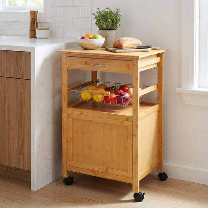 Bamboo Kitchen Trolley with Cabinet, Drawer and Basket, 81 x 47 x 36 cm