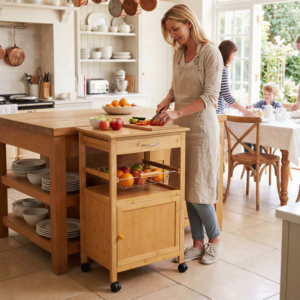 Bamboo Kitchen Trolley with Cabinet, Drawer and Basket, 81 x 47 x 36 cm