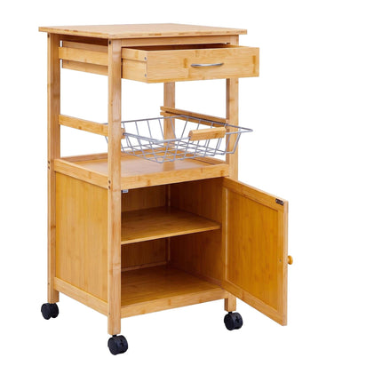Bamboo Kitchen Trolley with Cabinet, Drawer and Basket, 81 x 47 x 36 cm