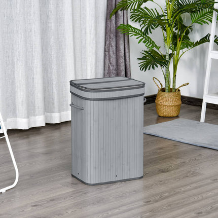 Bambusa veļas grozs, plāns ar vāku, 70 L, veļas grozs ar rokturiem, noņemams veļas maiss, veļas grozi veļas telpai, guļamistabai, vannas istabai, pelēks