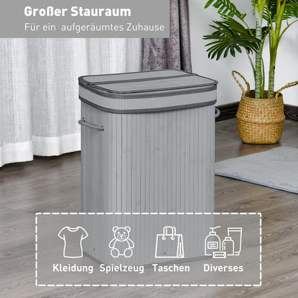 Bambusa veļas grozs, plāns ar vāku, 70 L, veļas grozs ar rokturiem, noņemams veļas maiss, veļas grozi veļas telpai, guļamistabai, vannas istabai, pelēks