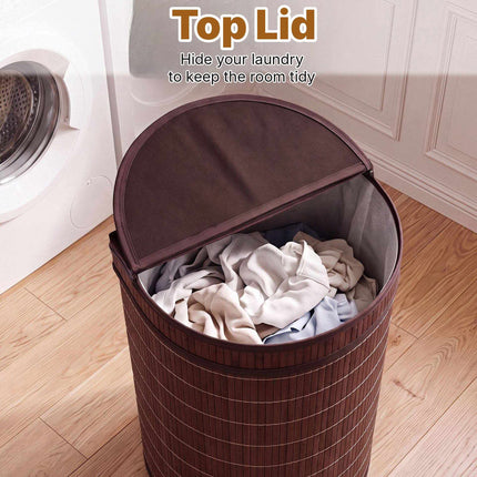 Bamboo Laundry Hamper 72 L with Zippered Lid and Liner, Brown, Foldable