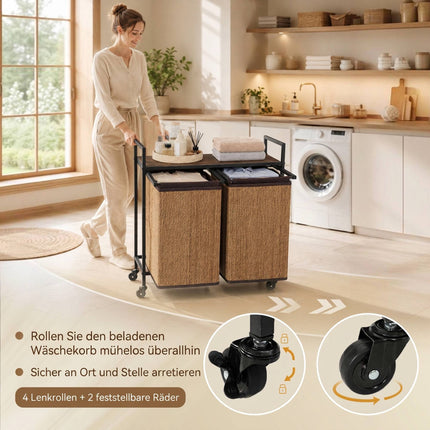 Bamboo Laundry Sorter 120 L with 2 Compartments and Shelf, Rolling, Brown