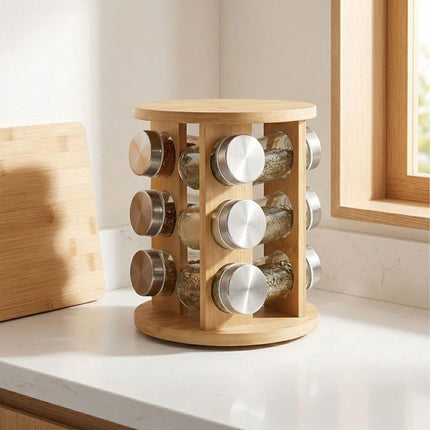 Bamboo Spice Carousel with 12 Glass Jars and Shaker Inserts, Rotating Base