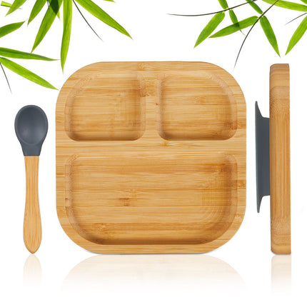 Bambusa mazuļu šķīvis ar karoti - neslīdošs, 3 nodalījumi