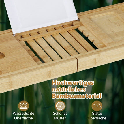 Bambusa vannas dēļi, izvelkams vannas plaukts ar regulējamu grāmatu statīvu, 70,5-105 x 22 x 4 cm, dabīgs