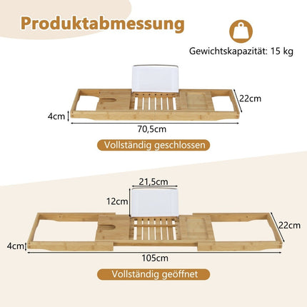 Bambusa vannas dēļi, izvelkams vannas plaukts ar regulējamu grāmatu statīvu, 70,5-105 x 22 x 4 cm, dabīgs