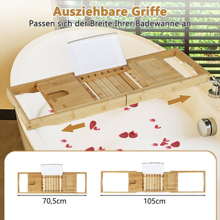 Bambusa vannas dēļi, izvelkams vannas plaukts ar regulējamu grāmatu statīvu, 70,5-105 x 22 x 4 cm, dabīgs