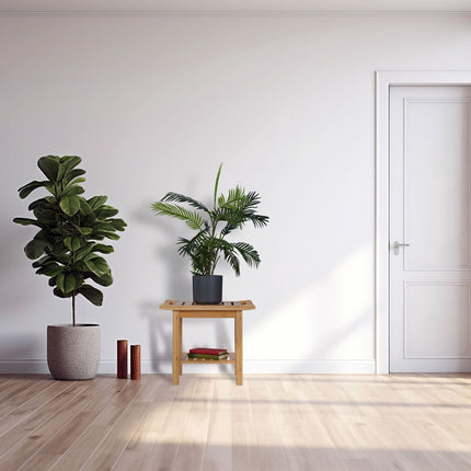 Bamboo bathroom stool with handle and shelf