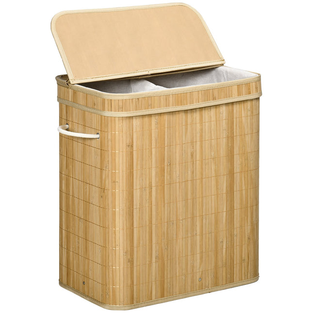 Bambusa veļas grozs ar vāku un rokturiem, 90 litru ietilpība ar 2 nodalījumiem un noņemamu auduma maisu - 54,2 x 35,2 x 59,5 cm