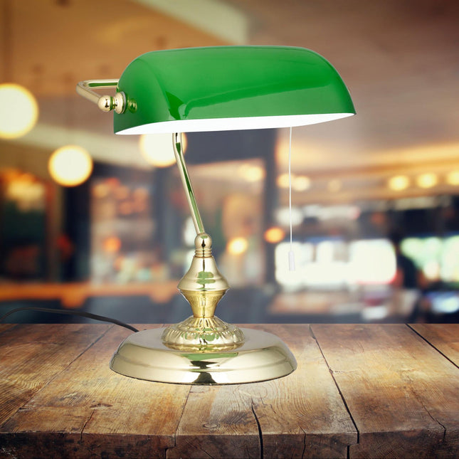 Banker lampa ar zaļu stikla abažūru