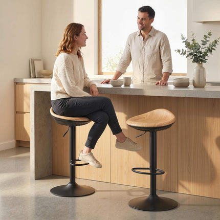 Bar Stools Set of 2 Swivel Height-Adjustable with Footrest, Oak Look, Black