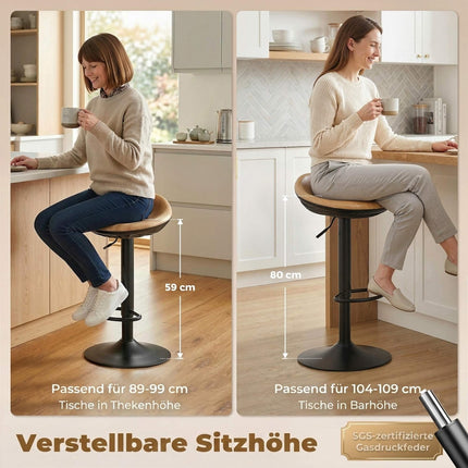 Bar Stools Set of 2 Swivel Height-Adjustable with Footrest, Oak Look, Black
