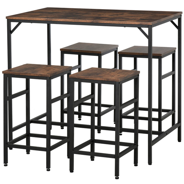 Bāra galda komplekts, bāra galds ar 4 bāra krēsliem, 5 daļu galda komplekts virtuvei, skaidu plātne/tērauds, rustikāli brūns/melns, 100x60x88 cm