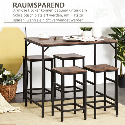 Bāra galda komplekts, bāra galds ar 4 bāra krēsliem, 5 daļu galda komplekts virtuvei, skaidu plātne/tērauds, rustikāli brūns/melns, 100x60x88 cm
