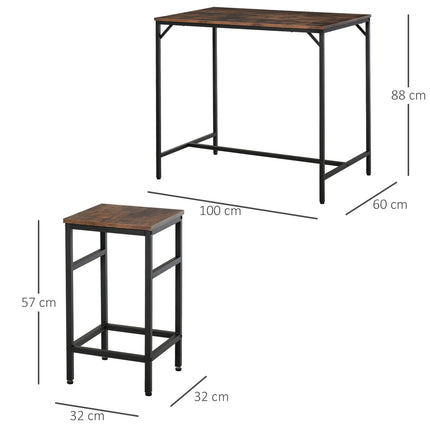 Bāra galda komplekts, bāra galds ar 4 bāra krēsliem, 5 daļu galda komplekts virtuvei, skaidu plātne/tērauds, rustikāli brūns/melns, 100x60x88 cm