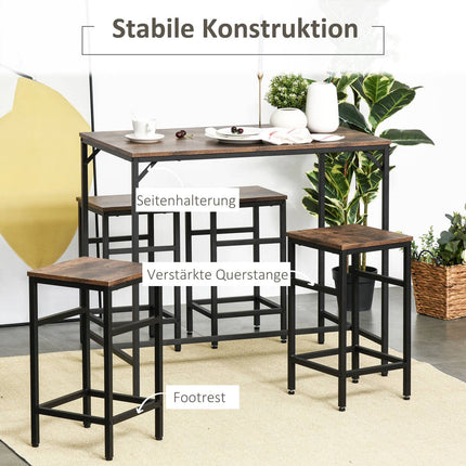 Bāra galda komplekts, bāra galds ar 4 bāra krēsliem, 5 daļu galda komplekts virtuvei, skaidu plātne/tērauds, rustikāli brūns/melns, 100x60x88 cm