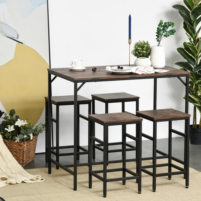 Bāra galda komplekts, bāra galds ar 4 bāra krēsliem, 5 daļu galda komplekts virtuvei, skaidu plātne/tērauds, rustikāli brūns/melns, 100x60x88 cm