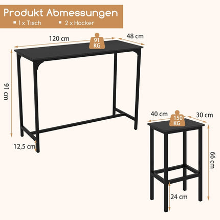 Bāra galda komplekts ar 2 krēsliem, industriāls stils, melns