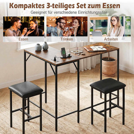 Bāra galda komplekts ar 2 krēsliem, rustikāli brūns, ar strāvas kontaktligzdu