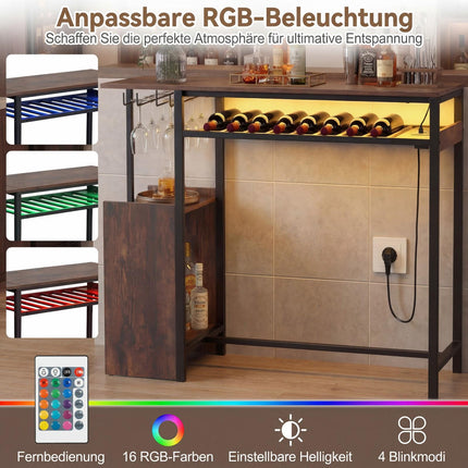 Bāra galds ar RGB apgaismojumu, pudeļu plauktu, glāžu turētāju, USB-C