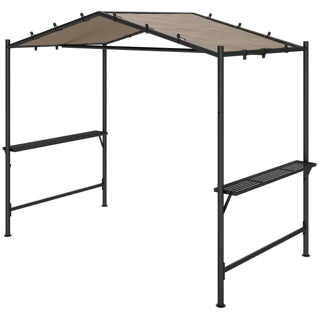 Grila lapene 277 x 149 x 230 cm Ūdensizturīga, liesmu slāpējoša dārza lapene ar sānu plauktiem, dārza lapene ar UV aizsardzību, grila paviljons no tērauda, dārza telts grila telts ballīšu grilam, haki krāsā