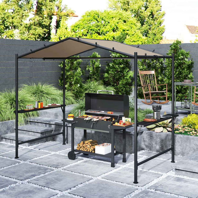 Grila lapene 277 x 149 x 230 cm Ūdensizturīga, liesmu slāpējoša dārza lapene ar sānu plauktiem, dārza lapene ar UV aizsardzību, grila paviljons no tērauda, dārza telts grila telts ballīšu grilam, haki krāsā