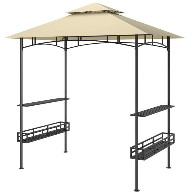 Grila paviljons 240 x 150 x 257 cm ūdensizturīgs, liesmu slāpējošs dārza paviljons ar dubultu jumtu, sānu plauktiem, lapene ar UV aizsardzību, grila paviljons no tērauda, grila telts ballīšu grilēšanai, bēšs