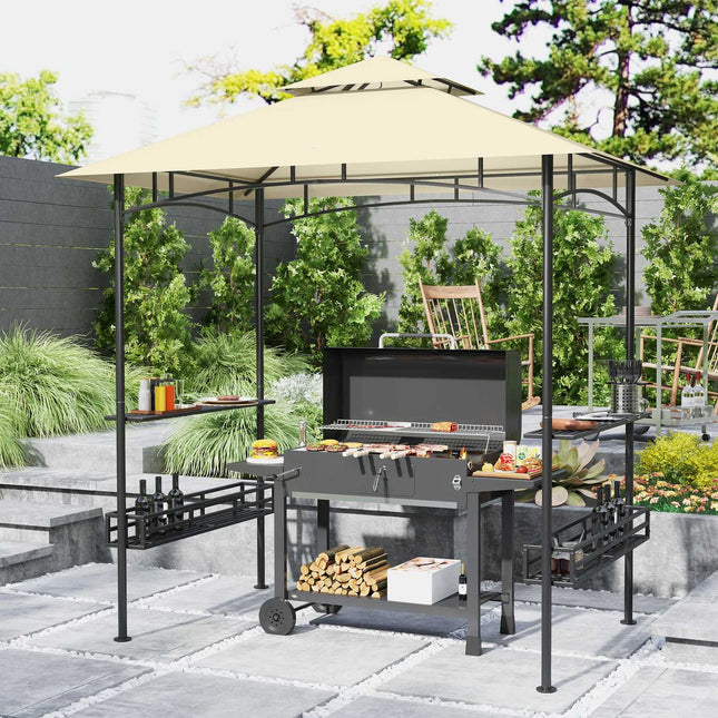 Grila paviljons 240 x 150 x 257 cm ūdensizturīgs, liesmu slāpējošs dārza paviljons ar dubultu jumtu, sānu plauktiem, lapene ar UV aizsardzību, grila paviljons no tērauda, grila telts ballīšu grilēšanai, bēšs