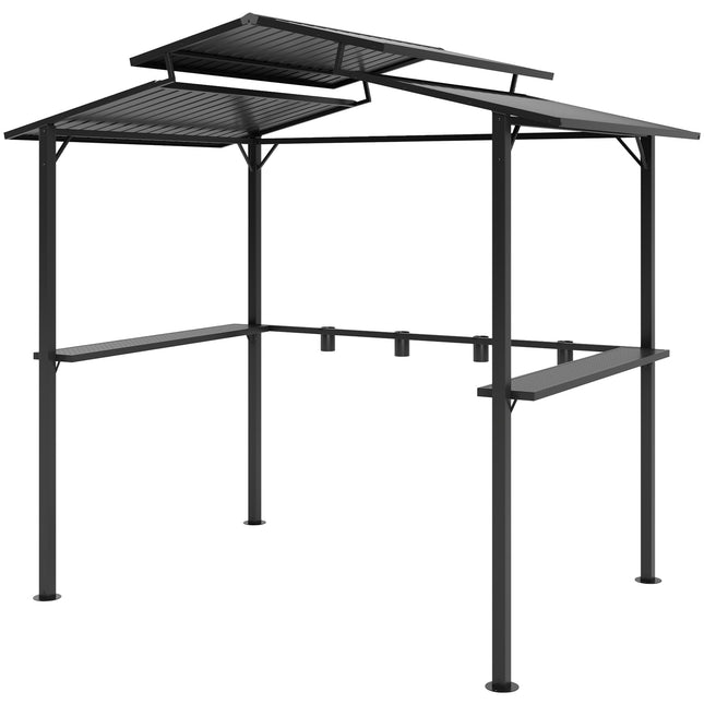 Grila paviljons 250 x 160 x 250 cm ūdensnecaurlaidīgs dārza paviljons ar divslāņu jumtu, sānu plauktiem, lapene ar UV aizsardzību, grila paviljons, dārza telts grila telts dārza ballītēm grila, melna
