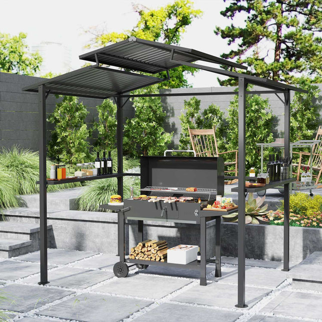 Grila paviljons 250 x 160 x 250 cm ūdensnecaurlaidīgs dārza paviljons ar divslāņu jumtu, sānu plauktiem, lapene ar UV aizsardzību, grila paviljons, dārza telts grila telts dārza ballītēm grila, melna