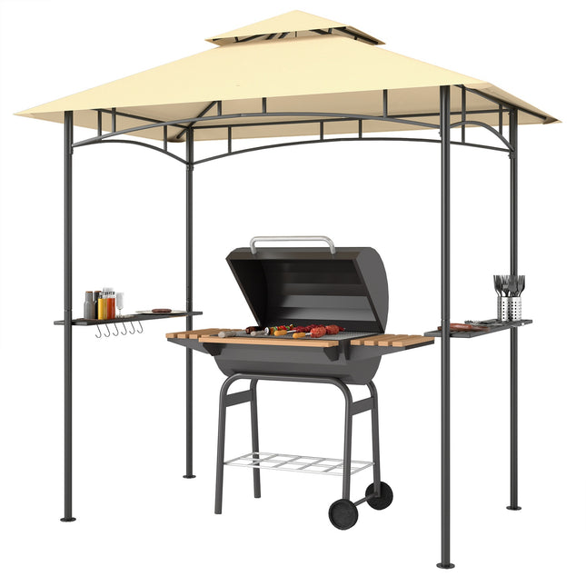 Grila paviljons ar LED 240 x 150 x 258 cm ūdensnecaurlaidīgs, liesmu slāpējošs dārza paviljons ar dubultslāņu jumtu, sānu plauktiem, lapene ar UV aizsardzību, grila paviljons ballītēm, BBQ bēšā krāsā