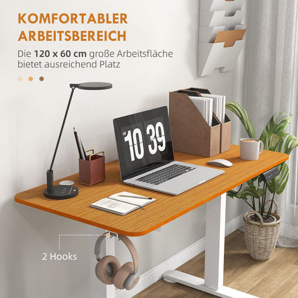 Bāra galds ar regulējamu augstumu, elektriski regulējams, 120x60x72-116cm, ar triecienizturīgu aprīkojumu, kabeļu kasti, āķi pakarināšanai, skaidu plātne, dabīgs koks