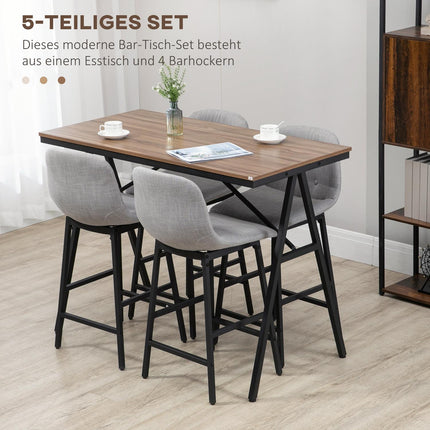 Bāra galda komplekts, 5 daļas, ar bāra krēsliem, ēdamistabas grupa virtuvei, bistro galds ar 4 krēsliem, metāls, gaiši brūns, 120x60x91 cm