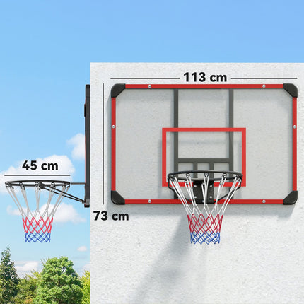 Basketbola grozs, basketbola dēlis ar grozu, basketbola tīkls ar basketbola dēli, stiprināms pie sienas, āra, tērauds, 113 x 61 x 73 cm, sarkans