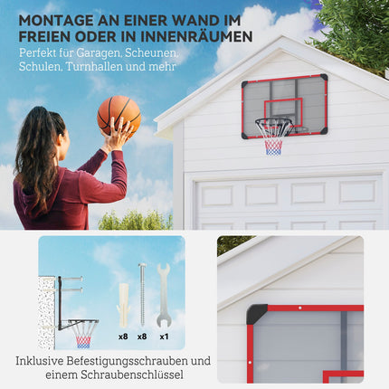 Basketbola grozs, basketbola dēlis ar grozu, basketbola tīkls ar basketbola dēli, stiprināms pie sienas, āra, tērauds, 113 x 61 x 73 cm, sarkans
