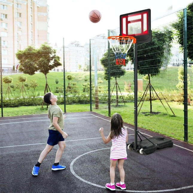 Basketbola grozs bērniem. Laikapstākļiem izturīgs groza statīvs ar regulējamu augstumu no 90 līdz 210 cm.