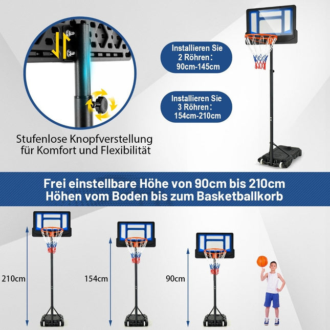 Basketbola statīvs 90/158-210 cm augstumā regulējams basketbola grozs ar statīvu, laikapstākļiem izturīgs, iekštelpām un āra lietošanai, zils