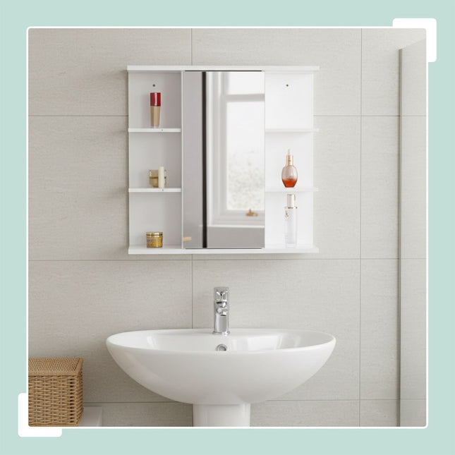 Bathroom Mirror Cabinet, Wall-Mounted, 8 Shelves