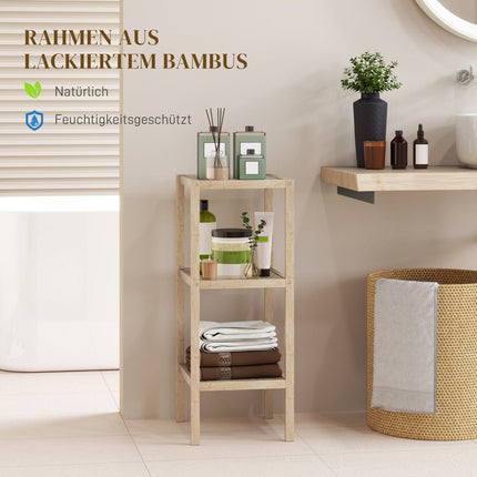 Vannas istabas plaukts, vannas istabas plaukts ar 3 līmeņiem, bambusa stāvplaukts ar kāju paliktni, vannas istabai, viesistabai, virtuvei, 33 x 31 x 78 cm, dabīgs koks