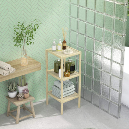 Vannas istabas plaukts, vannas istabas plaukts ar 3 līmeņiem, bambusa stāvplaukts ar kāju paliktni, vannas istabai, viesistabai, virtuvei, 33 x 31 x 78 cm, dabīgs koks