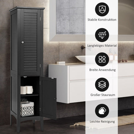 Bathroom cabinet with 5 compartments & 2 louvre doors & shelves & anti-tilt device Narrow tall cabinet Black