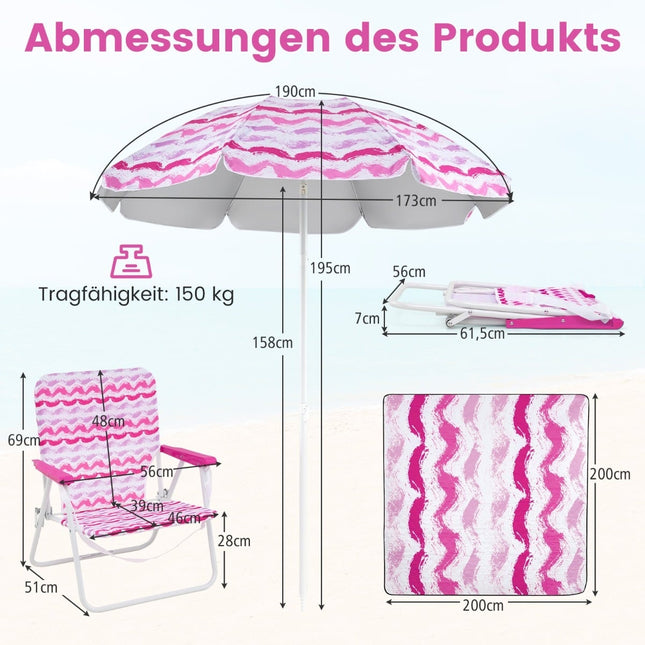 Pludmales komplekts ar saulessargu, 2 krēsliem un segu