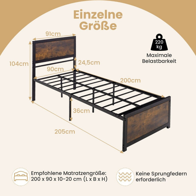 Gultas rāmis 90 x 200 cm Industriāls gultas rāmis ar galvgali un redeļu rāmi