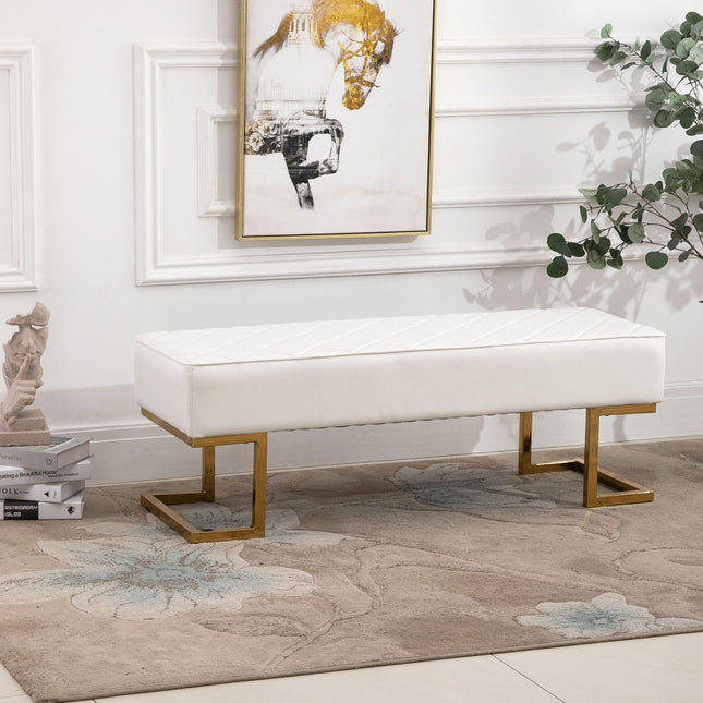 Soliņš guļistabai un viesistabai, mākslīgās ādas metāla baltzelta krāsā, 120x43x42 cm, stilīgs gultas soliņš