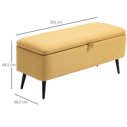 Sols, lādes sēdeklis, polsterēts sols, lina imitācija, līdz 150 kg, 101 x 38,5 x 44,5 cm, dzeltens