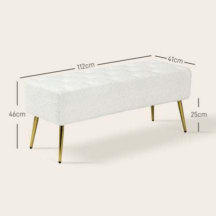 Sols, polsterēts sols ar jēra vilnas imitāciju, pogu šuves, gultas sols ar tērauda kājām, guļamistabai, viesistabai, 112 x 41 x 46 cm, krēmkrāsas