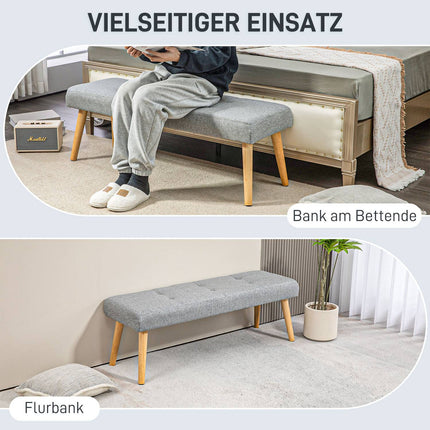 Gray upholstered bench with button seams, 120x41x43 cm