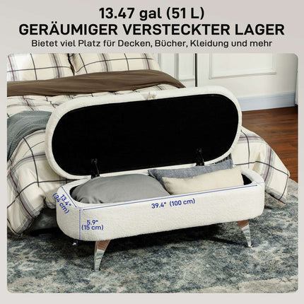 Sols ar uzglabāšanas vietu, polsterēts sols ar vāku, gultas sols ar rotaļu samta izskatu, priekšnamam, guļamistabai, viesistabai, metāla rāmis 114 x 47 x 46,5 cm balts